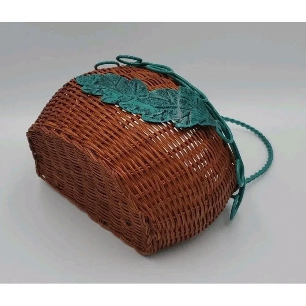 Decorative Hanging Wicker Basket with Green Metal Wire Cottagecore